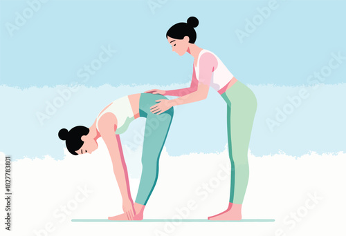 Two women practice yoga, one bent over, the other supporting their back, pale blue background
