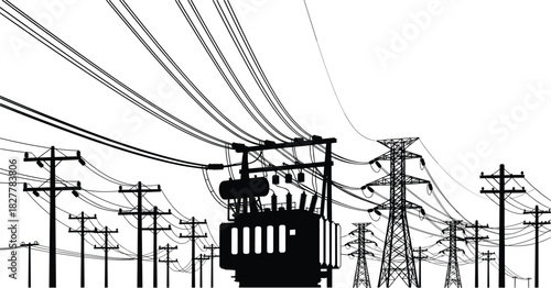 Silhouette Vector Illustration of Complex Electric Power Grid Infrastructure with Utility Poles Transformers and High Voltage Transmission Towers