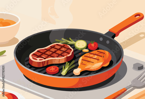 A colorful, illustrative depiction of a meal being prepared in a frying pan on a cooktop