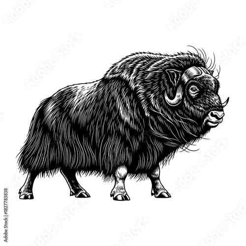 Rugged Musk Ox Silhouette Shaking its Shaggy Head in Arctic Tundra