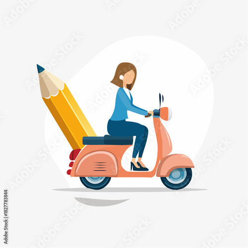 Woman riding a pink scooter with a large yellow pencil attached to the back.