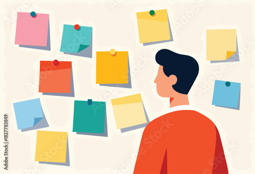 A person in an orange shirt looks at colorful sticky notes pinned to a wall. Conceptual, stylized illustration