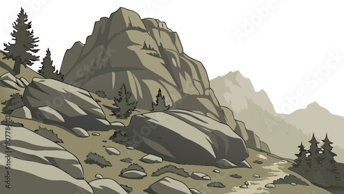 Illustrated mountain landscape with rugged terrain, large boulders, evergreen trees, and a winding path, isolated for versatile design projects