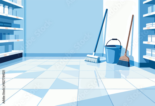 A cool-toned illustration of a shop interior with shelves, cleaning tools, and a tiled floor. Focus on the cleaning