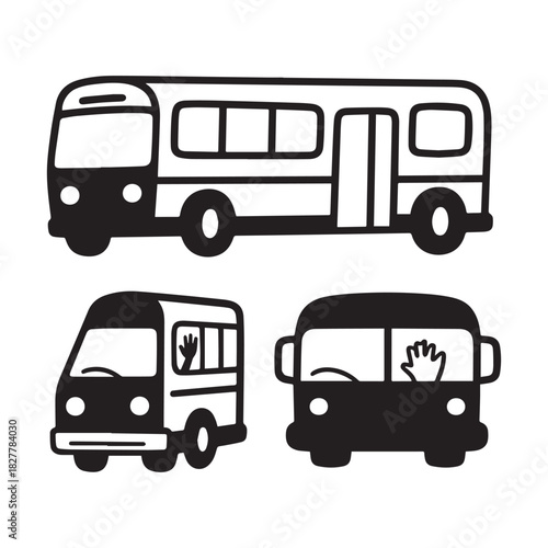 Vector School Bus and Minibus Icons Passenger Transport Vehicle Collection Set.