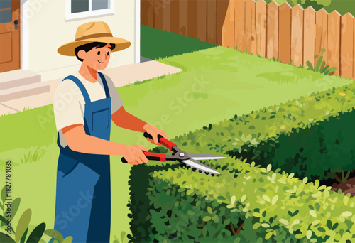 A person wearing overalls and a hat trims a hedge in a yard with a wooden fence