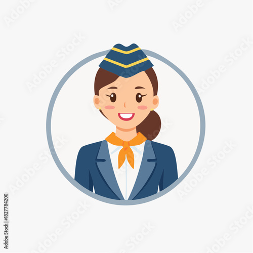 Smiling stewardess in uniform with a hat and scarf, inside a circular frame on a white background.