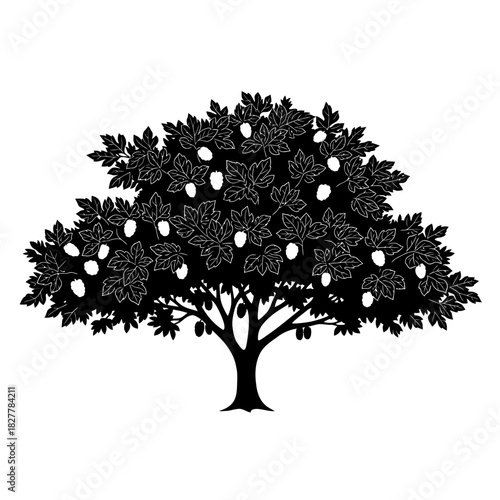Contour Art Silhouette of a Sprawling Mulberry Tree with Irregular Fruits