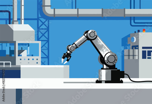 A factory illustration featuring an industrial robot arm reaching, with pipes and structures in a minimalist style