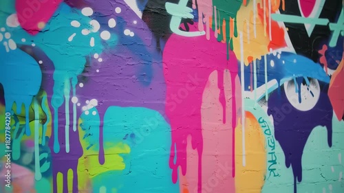 Vibrant Abstract Graffiti Wall with Dripping Paint Details.