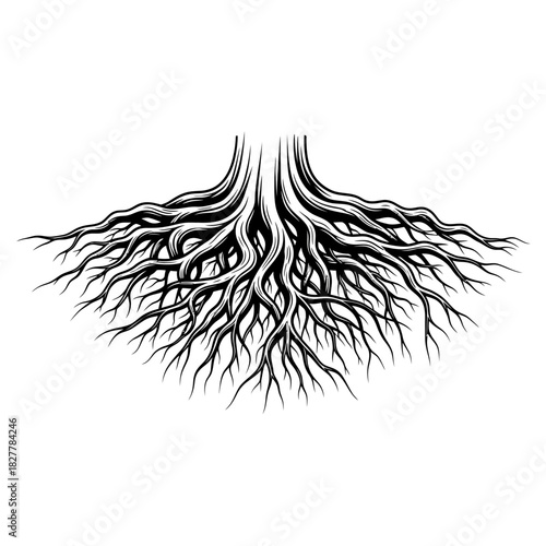 Detailed Organic Silhouette of Wide Spreading Surface Roots Linking to Earth