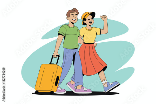 A cartoon couple, holding a suitcase, walking forward, arm in arm, gesturing. They walk on a black shadow