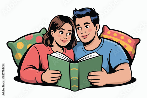 A couple, heads close, share a book in front of pillows, enjoying leisure. Simple, stylized, cartoon-like design