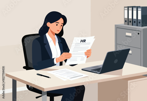 An office scene, a woman in a suit sits at a desk, reviewing an HR document, laptop and files present