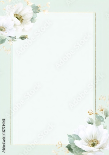 White flower frame with elegant gold border on light green background for wedding invitation card. Minimalist floral design empty space.