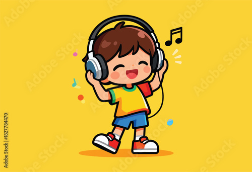 Cartoon child with headphones and musical notes, dancing with joy. Bright yellow background with confetti