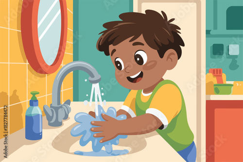 A cartoon boy happily washes hands at a sink. Water streams from the faucet, soap bottle near. Bathroom setting