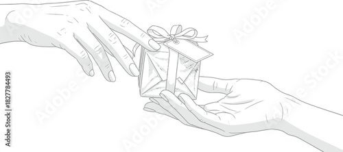 Elegant hands exchanging a beautifully wrapped gift with a tag, perfect for holiday greetings and special occasion promotions or personal care product campaigns.