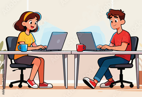 Two cartoon colleagues work on laptops at desks with mugs in a light-filled office