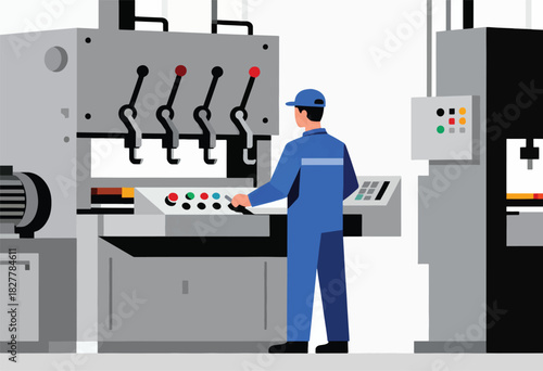 An industrial worker in blue uniform operates a machine with levers and a control panel in a factory