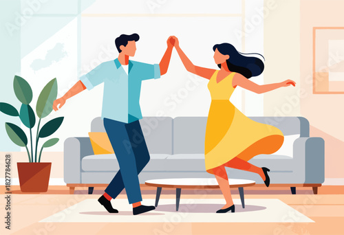 A couple, dressed casually, dance joyfully in a living room with a plant, sofa, and a round table
