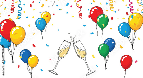 Celebration background with balloons confetti and champagne glasses toasting