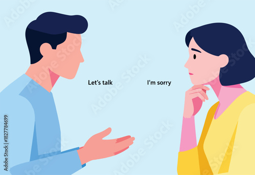 Stylized illustration depicts two figures, one offering an open hand and the other looking contemplative. Text says "Let's talk", and "I'm sorry
