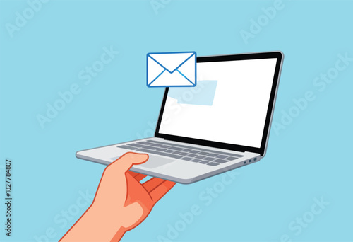 A hand holds a laptop with an email icon above the screen, all on a blue backdrop
