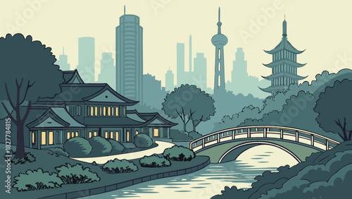 East asian traditional garden illustration with classic architecture, an arched bridge, lush trees, and a modern city skyline with skyscrapers and a pagoda, symbolizing cultural harmony.