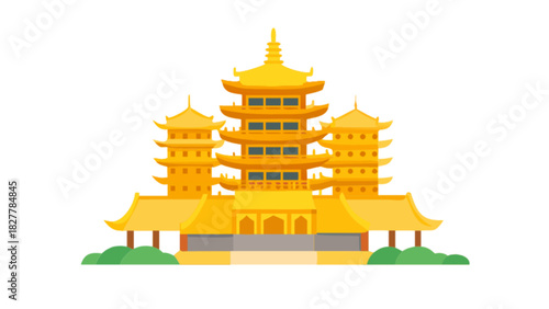 Golden asian temple complex featuring multiple tiered pagodas and traditional architectural elements, symbolizing ancient culture, spiritual heritage, and travel destination icon.