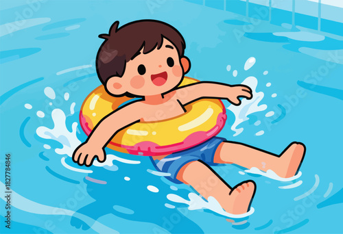 Cartoon illustration of a young boy with a yellow and pink inflatable ring in blue pool water