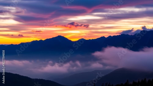 Vibrant Sunset Over Mountain Range with Misty Valleys and Colorful Sky.