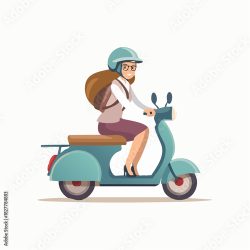 A woman wearing a helmet rides a teal scooter, smiling and enjoying the ride.