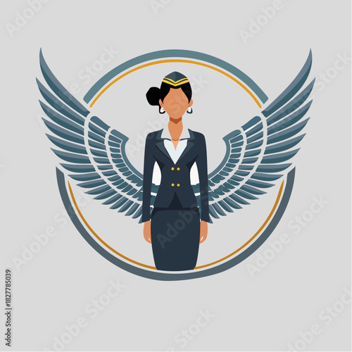 A stylized illustration of a female flight attendant with wings, in a circular emblem.