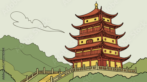 Ancient east asian pagoda vector art with vibrant red and yellow tiers, set on a serene green hillside with a charming pathway, under a soft cloudy sky.