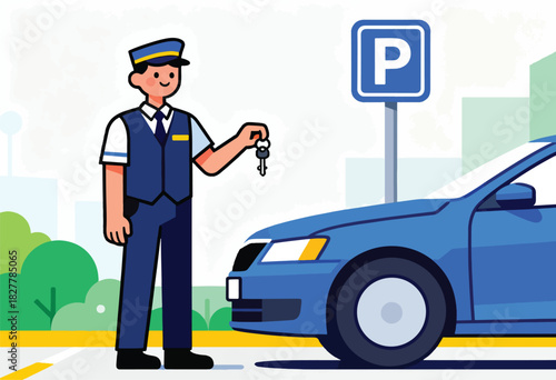 A cartoon valet holding keys stands near a blue car in a parking area, with a "P" sign