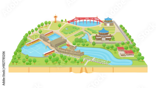 Isometric illustration of a lively cultural park featuring traditional asian buildings, a picturesque red bridge spanning water, and verdant landscapes with a dam