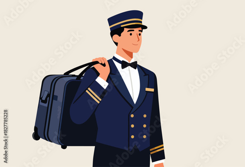 Illustration of a bellhop in formal wear with a suitcase over his shoulder, smiling gently