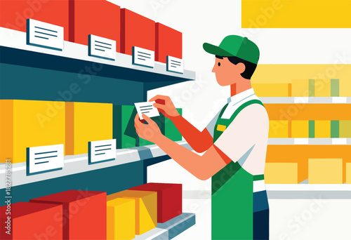 A flat illustration of a worker in a green uniform examining a card amidst colorful shelf displays