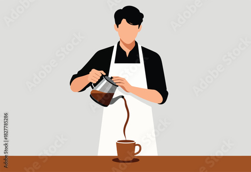 A barista in a black shirt and apron pours coffee from a pot into a mug. Brown and grey color scheme