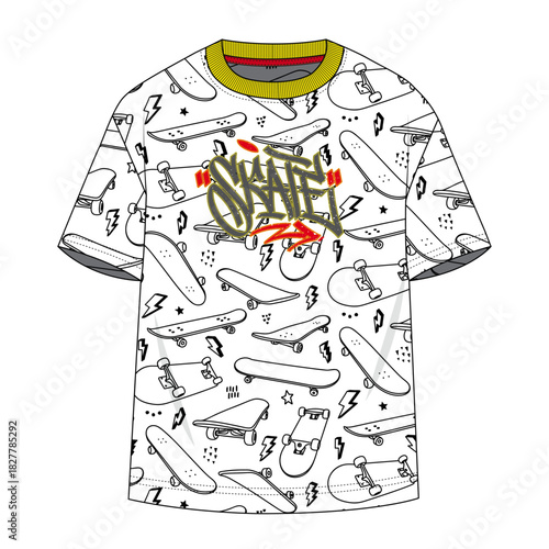 Kids Boys Short Sleeve T-Shirt Flat Sketch with Graffiti SKATE Graphic and All-Over Print