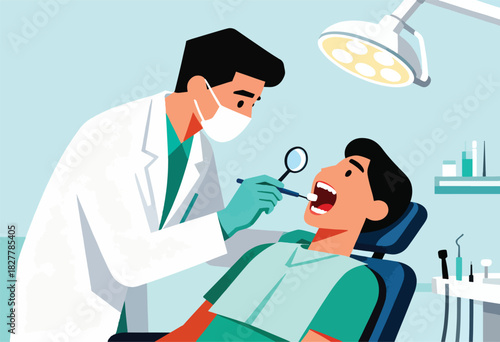 A dental appointment illustrated. A dentist examines a patient's open mouth with mirror and tool under a light