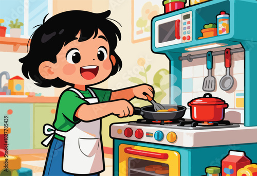 A child cooks, cheerful in the kitchen. Stove, pan, red pot, utensils, and microwave are visible. Kitchen cabinets