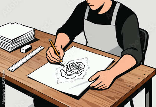 A person sketches a rose on paper, with tools like a ruler and eraser nearby, over a wooden desk