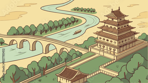 Traditional east asian landscape illustration featuring an ancient multi-tiered pagoda, a serene winding river with an elegant arched bridge, and vibrant green trees.
