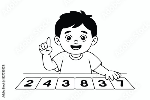A cartoon child points upwards with a happy expression, numbers 2,4,3,8,3,7 are in front of him