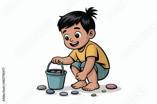 A happy cartoon child squats, holding a bucket and collecting stones, the smile suggesting pleasure in play