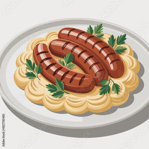 A plate of pasta elegantly topped with grilled sausages and garnished with fresh herbs, presenting a mouthwatering and inviting culinary experience.
