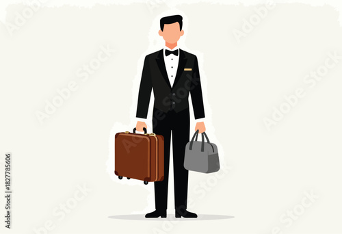 A faceless figure in formal attire holds a suitcase and a duffel bag, set against a neutral, textured background