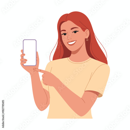 A young woman smiles while pointing at her smartphone, capturing themes of technology, happiness, and personal expression in a modern, approachable style.